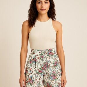 Vintage 80s Pleated Floral High Waist Summer Shorts Cottagecore Country Chic